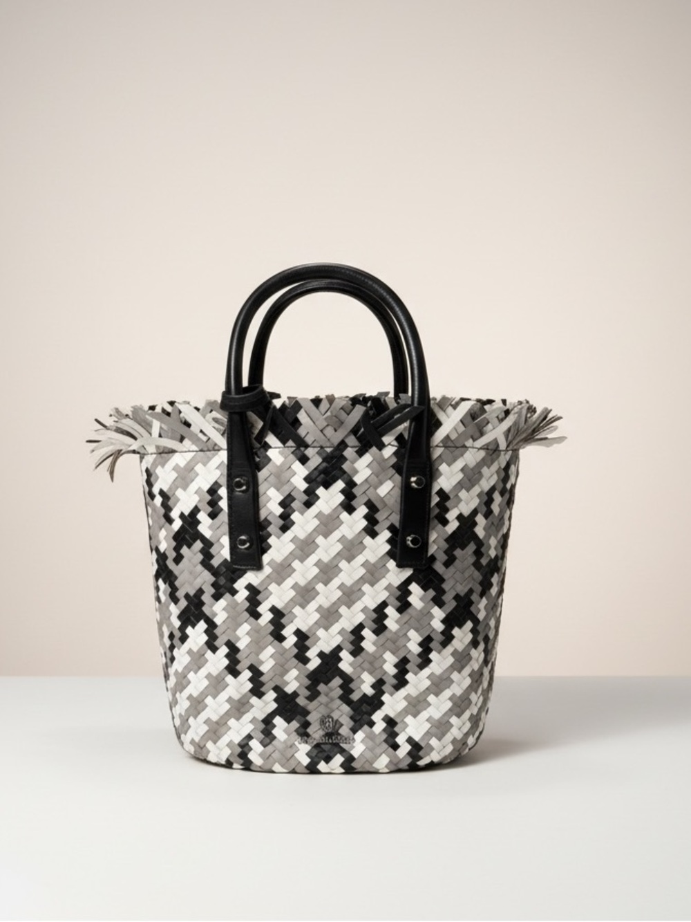 Michael Kors Black and White Woven Tote with MK Charm